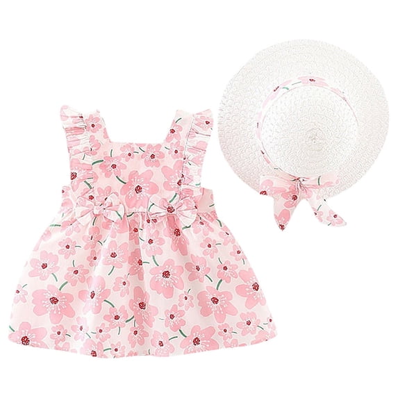 IBTOM CASTLE Toddler Baby Girls Tutu Dress Summer Sleeveless Backless Princess Casual Birthday Party Dresses Flower Bow Sundress with Straw Hat Set 2-3 Years Pink Flower + Ruffle