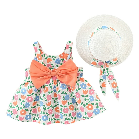 IBTOM CASTLE Toddler Baby Girls Tutu Dress Summer Sleeveless Backless Princess Casual Birthday Party Dresses Flower Bow Sundress with Straw Hat Set 6-12 Months Orange Flower + Bow