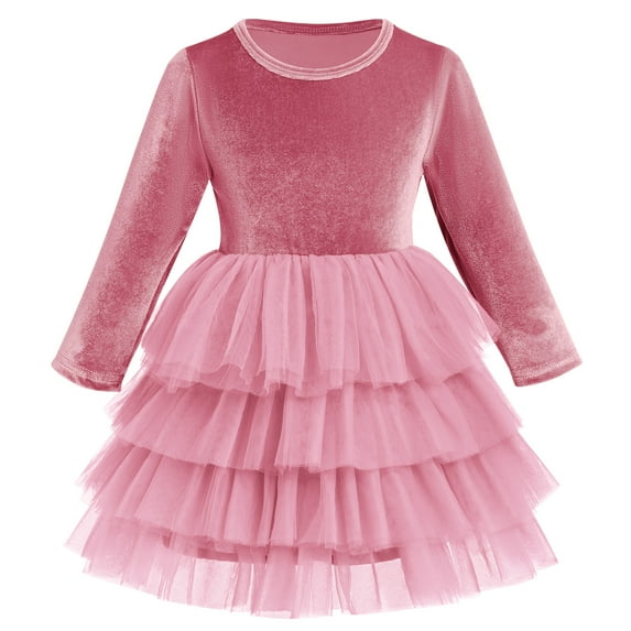 IBTOM CASTLE Toddler Baby Girls Velvet Tutu Dress Long Sleeve Princess Christmas Birthday Party Wedding Pageant Communion Dresses Fall Winter Clothes 1-2 Years Dusty Pink