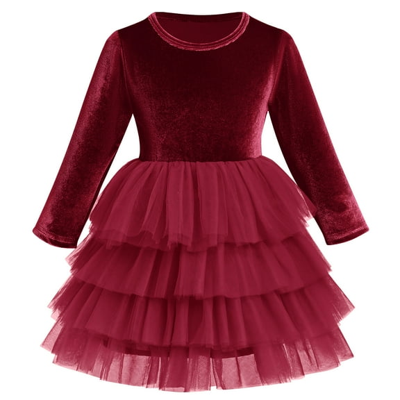 IBTOM CASTLE Toddler Baby Girls Velvet Tutu Dress Long Sleeve Princess Christmas Birthday Party Wedding Pageant Communion Dresses Fall Winter Clothes 3-4 Years Wine Red