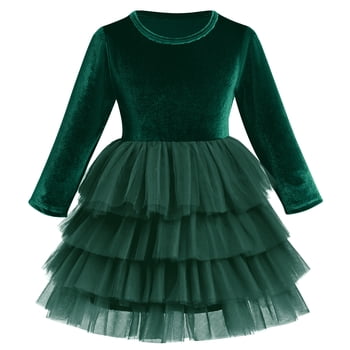 IBTOM CASTLE Toddler Baby Girls Velvet Tutu Dress Long Sleeve Princess Christmas Birthday Party Wedding Pageant Communion Dresses Fall Winter Clothes 3-4 Years Green