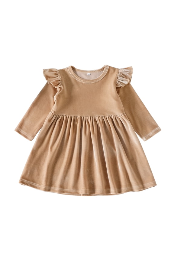 Toddler Baby Girls Velvet Tutu Dress Pageant Party Gown Kids Fall Winter Ruffle Long Sleeve Princess Christmas Birthday Party Wedding Evening Dress 2-3 Years Khaki