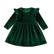 IBTOM CASTLE Toddler Baby Girls Velvet Tutu Dress Pageant Party Gown Kids Fall Winter Ruffle Long Sleeve Princess Christmas Birthday Party Wedding Evening Dress 12-18 Months Green