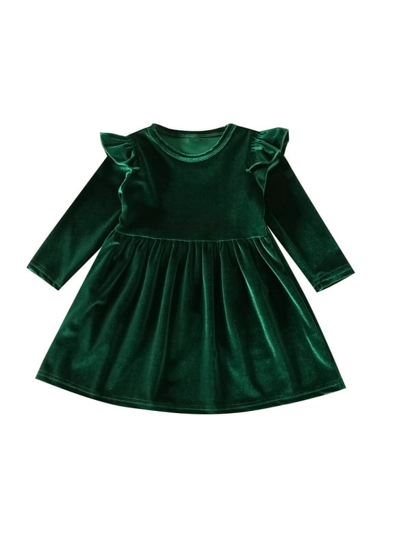 Toddler Baby Girls Velvet Tutu Dress Pageant Party Gown Kids Fall Winter Ruffle Long Sleeve Princess Christmas Birthday Party Wedding Evening Dress 12-18 Months Green
