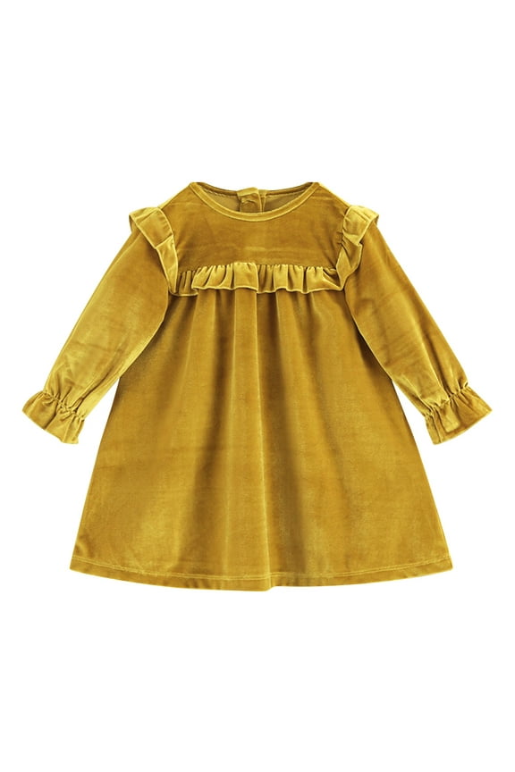 Toddler Baby Girls Velvet Tutu Dress Pageant Party Gown Kids Fall Winter Ruffle Long Sleeve Princess Christmas Birthday Party Wedding Evening Dress 6-7 Years Burnt Yellow
