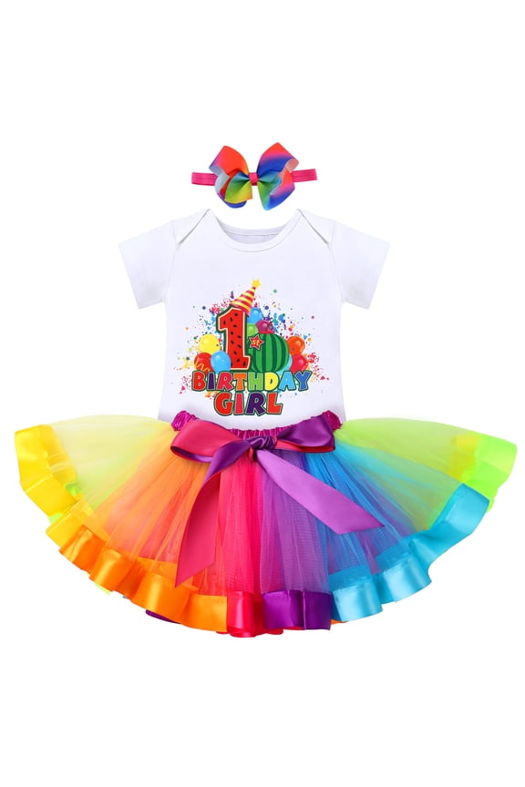 Toddler Baby Girls Watermelon 1st Birthday Outfit Cake Smash Romper Rainbow Tutu Skirt Headband Summer Clothes for Photo Shoot 1 Year Rainbow Watermelon