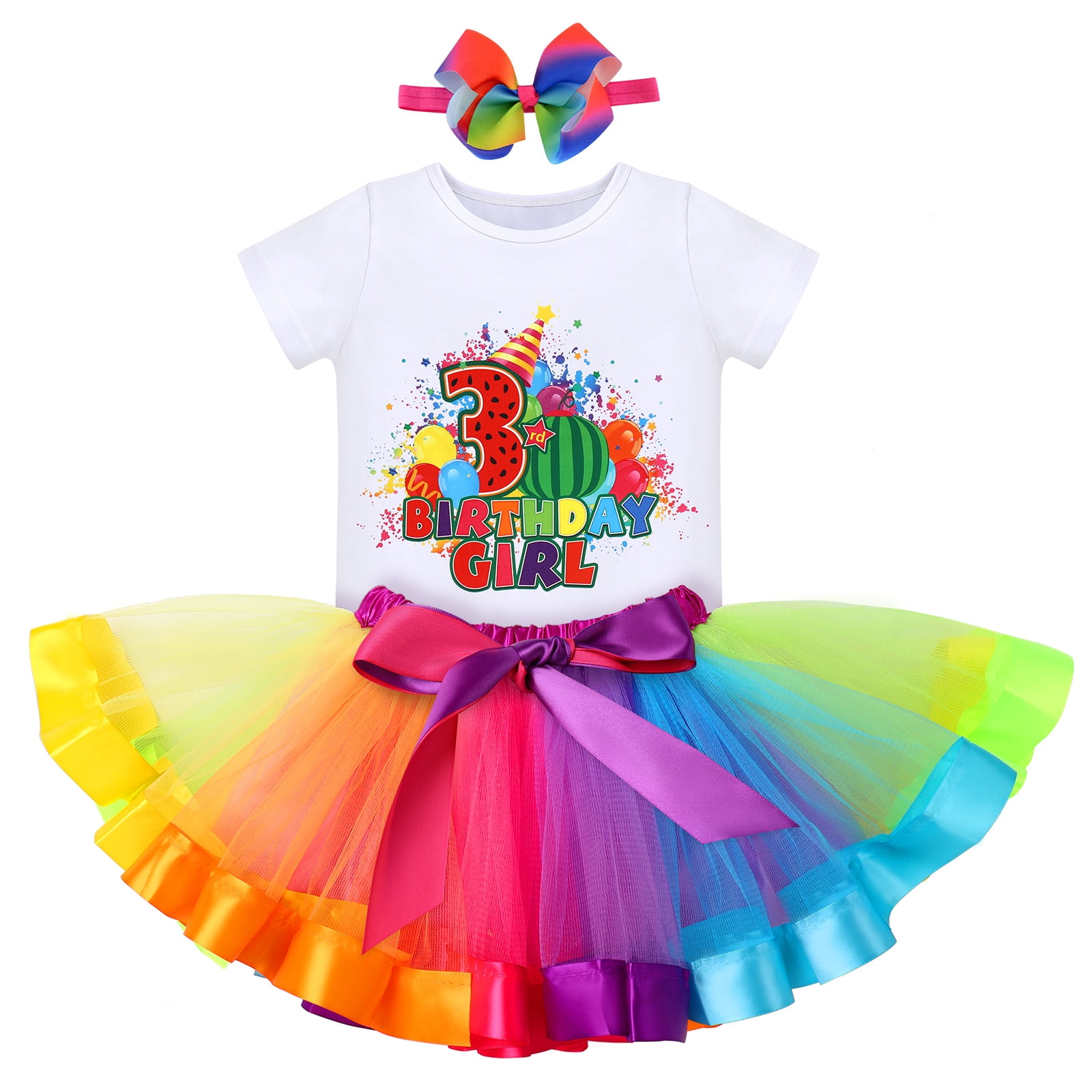 IBTOM CASTLE Toddler Baby Girls Watermelon 1st Birthday Outfit Cake Smash Romper Rainbow Tutu Skirt Headband Summer Clothes for Photo Shoot 3 Years Rainbow Watermelon