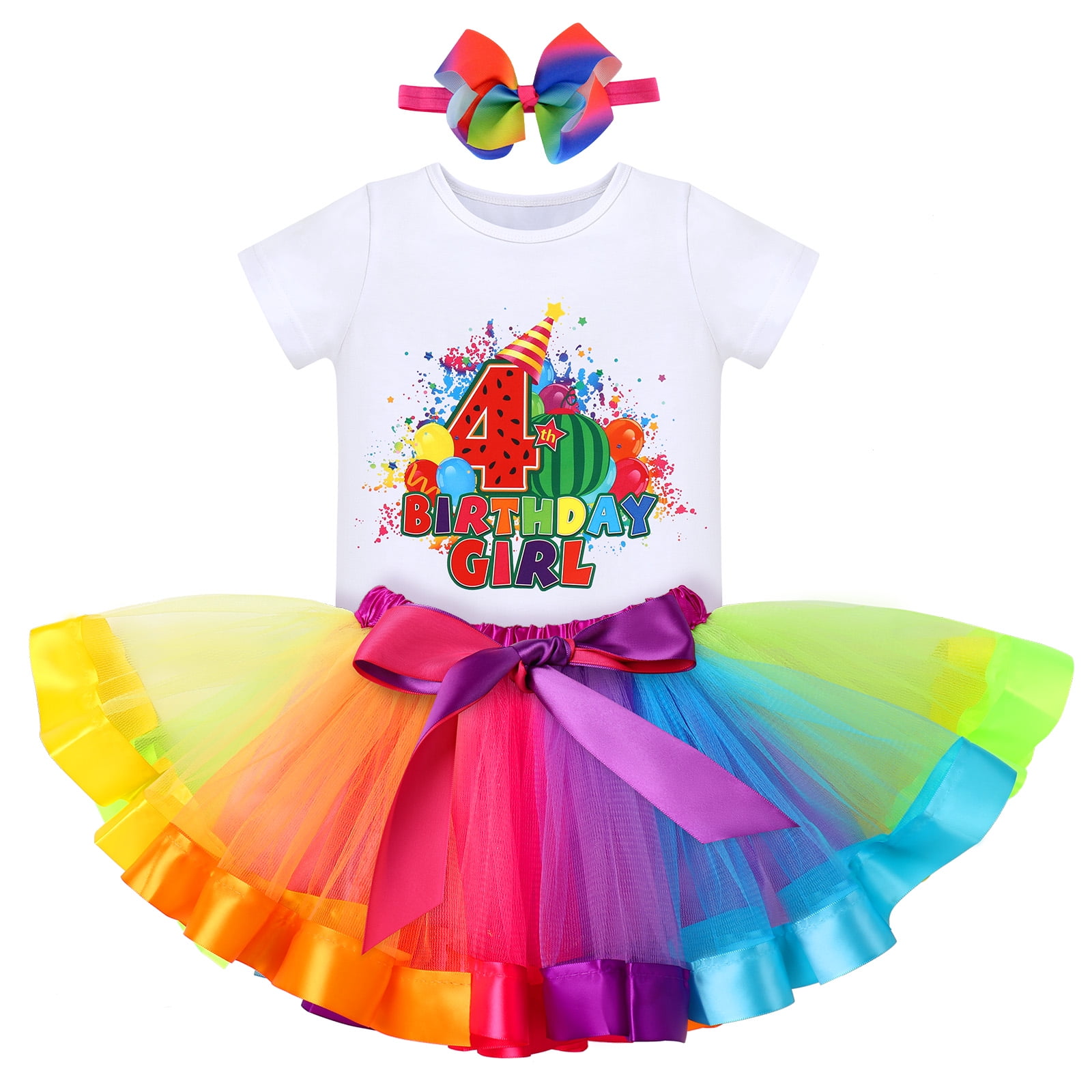 IBTOM CASTLE Toddler Baby Girls Watermelon 1st Birthday Outfit Cake Smash Romper Rainbow Tutu Skirt Headband Summer Clothes for Photo Shoot 4 Years Rainbow Watermelon