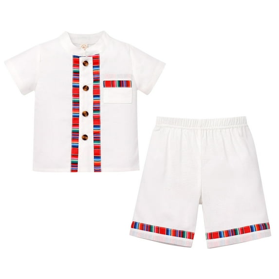 IBTOM CASTLE Toddler Boys Mexican Outfit Short Sleeve Embroidery Shirt and Shorts Kids Traditional Cinco de Mayo Birthday Party Clothes 5-6 Years White