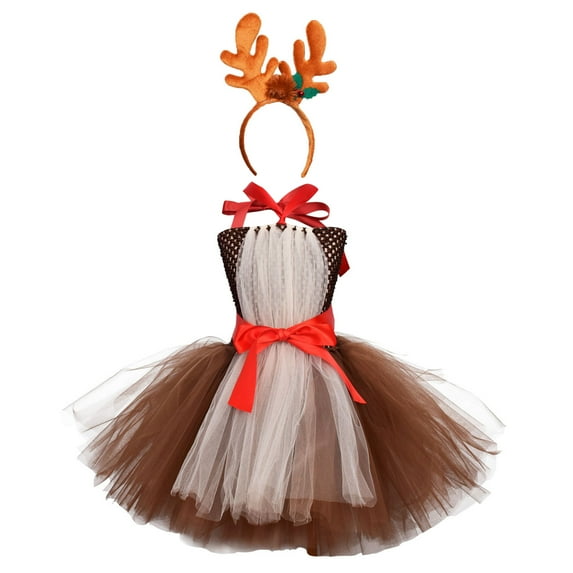 IBTOM CASTLE Toddler Kids Girls Xmas Jungle Party Animal Giraffe Deer Clothes Halloween Christmas Cosplay Tutu Dress up with Reindeer Antlers Headband for Photo Shoot 9-10 Years Brown - Elk