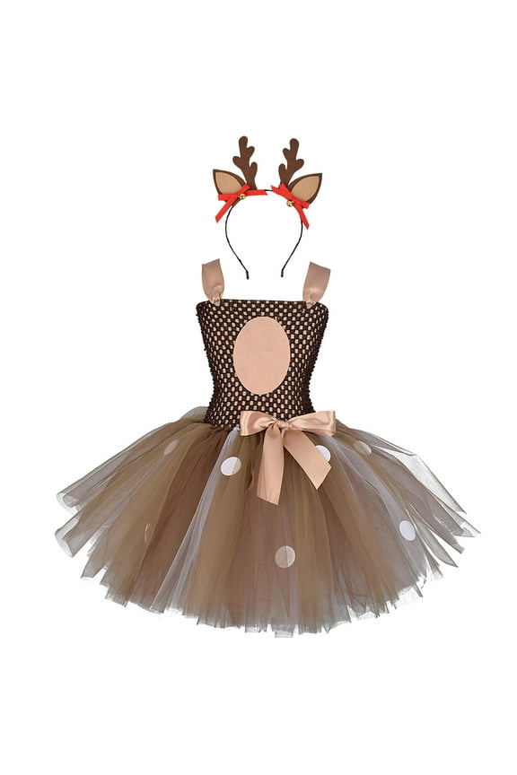 Toddler Kids Girls Xmas Jungle Party Animal Giraffe Deer Clothes Halloween Christmas Cosplay Tutu Dress up with Reindeer Antlers Headband for Photo Shoot 5-6 Years Brown - Deer