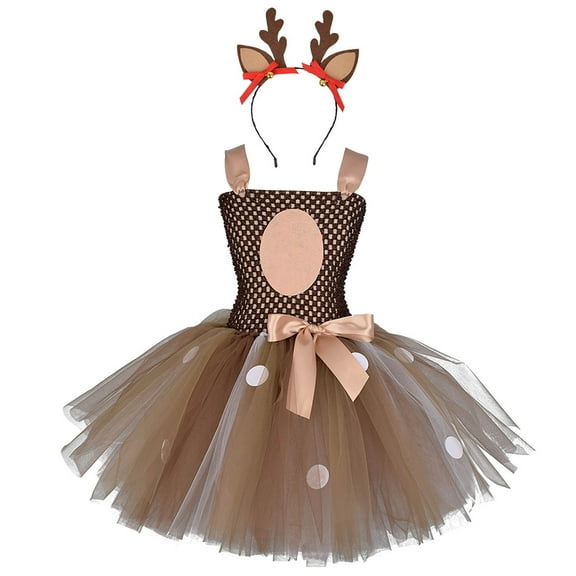 IBTOM CASTLE Toddler Kids Girls Xmas Jungle Party Animal Giraffe Deer Clothes Halloween Christmas Cosplay Tutu Dress up with Reindeer Antlers Headband for Photo Shoot 2 Years Brown - Deer
