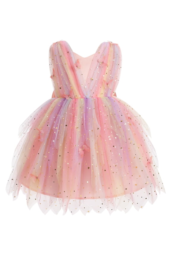 Toddler Flower Girl Dress Baby Butterfly Ruffle Tulle Tutu Dress Princess Birthday Party Pageant Formal Wedding Prom Gown Rainbow powder