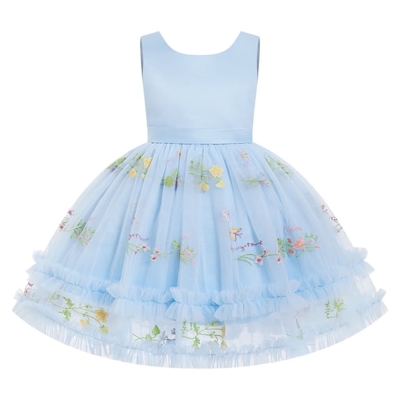 IBTOM CASTLE Toddler Flower Girl Dress Floral Bowknot Princess Birthday Pageant Wedding Party Dresses V-Backless Tulle Formal Gown Blue