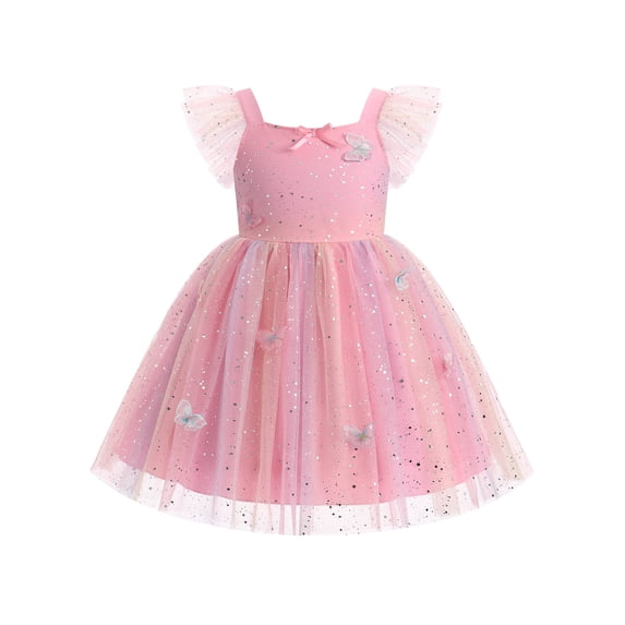 IBTOM CASTLE Toddler Flower Girl Dress, Flutter Sleeve Floral Embroidery Smocked Tulle Tutu Princess Dresses for Birthday Wedding Pink
