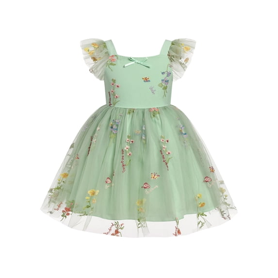 IBTOM CASTLE Toddler Flower Girl Dress, Flutter Sleeve Floral Embroidery Smocked Tulle Tutu Princess Dresses for Birthday Wedding 渐变蓝色