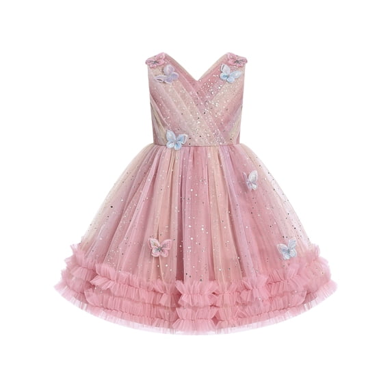 IBTOM CASTLE Toddler Flower Girl Dress Sequin Butterfly Princess Birthday Pageant Wedding Party Dresses V-Back Tulle Formal Gown Pink