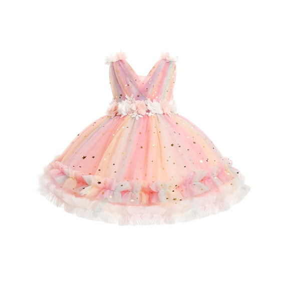 IBTOM CASTLE Toddler Flower Girls Tulle Dress Sleeveless Princess Tutu Dress Birthday Party Wedding Pageant Gown 1-2 Years Pink Rainbow