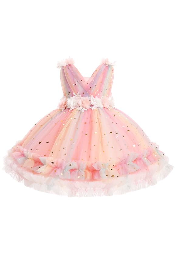 Toddler Flower Girls Tulle Dress Sleeveless Princess Tutu Dress Birthday Party Wedding Pageant Gown 1-2 Years Pink Rainbow