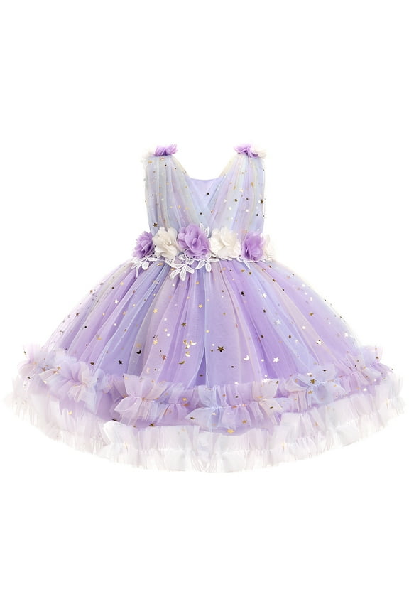 Toddler Flower Girls Tulle Dress Sleeveless Princess Tutu Dress Birthday Party Wedding Pageant Gown 1-2 Years Purple Rainbow