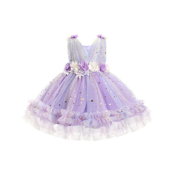 IBTOM CASTLE Toddler Flower Girls Tulle Dress Sleeveless Princess Tutu Dress Birthday Party Wedding Pageant Gown 3-4 Years Purple Rainbow