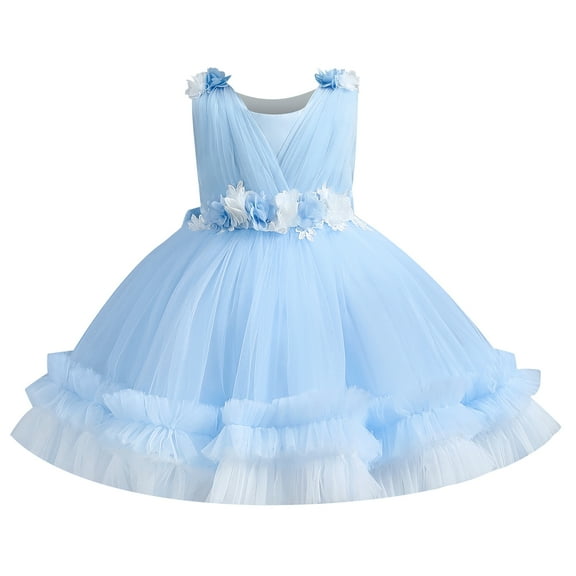 IBTOM CASTLE Toddler Flower Girls Tulle Dress Sleeveless Princess Tutu Dress Birthday Party Wedding Pageant Gown 4-5 Years Light Blue