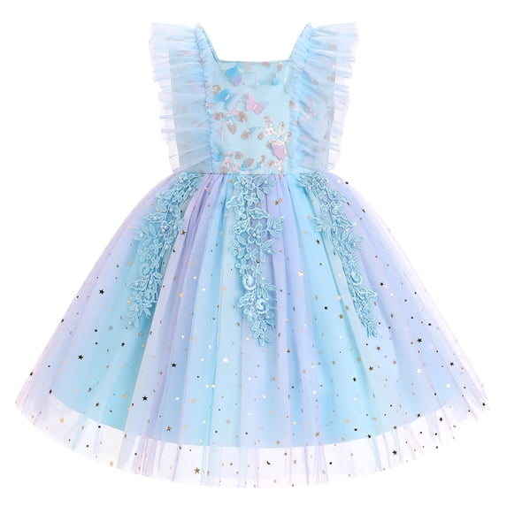 IBTOM CASTLE Toddler Girl Birthday Butterfly Dress Sequins Flower Girl Dress Tulle Tutu Formal Party Dress, Star Sequins Pageant Wedding Dress Blue