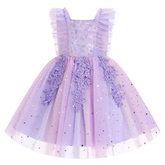 IBTOM CASTLE Toddler Girl Birthday Butterfly Dress Sequins Flower Girl Dress Tulle Tutu Formal Party Dress, Star Sequins Pageant Wedding Dress Purple
