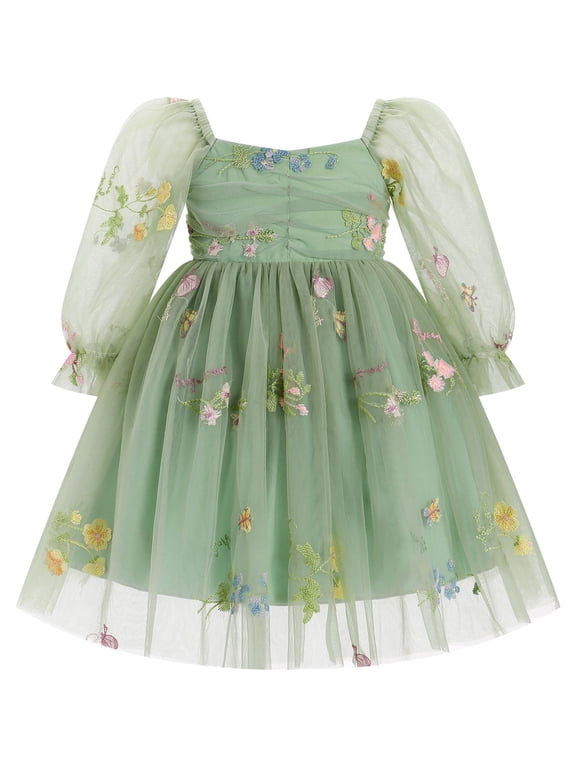 Toddler Girl Birthday Dress Floral Confetti Tulle Formal Wedding Party Long Sleeve Dresses for Cake Smash Photo Shoot 12-18 Months Sage Green Floral