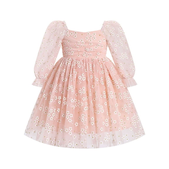 IBTOM CASTLE Toddler Girl Birthday Dress Floral Confetti Tulle Formal Wedding Party Long Sleeve Dresses for Cake Smash Photo Shoot 18-24 Months Pink Floral