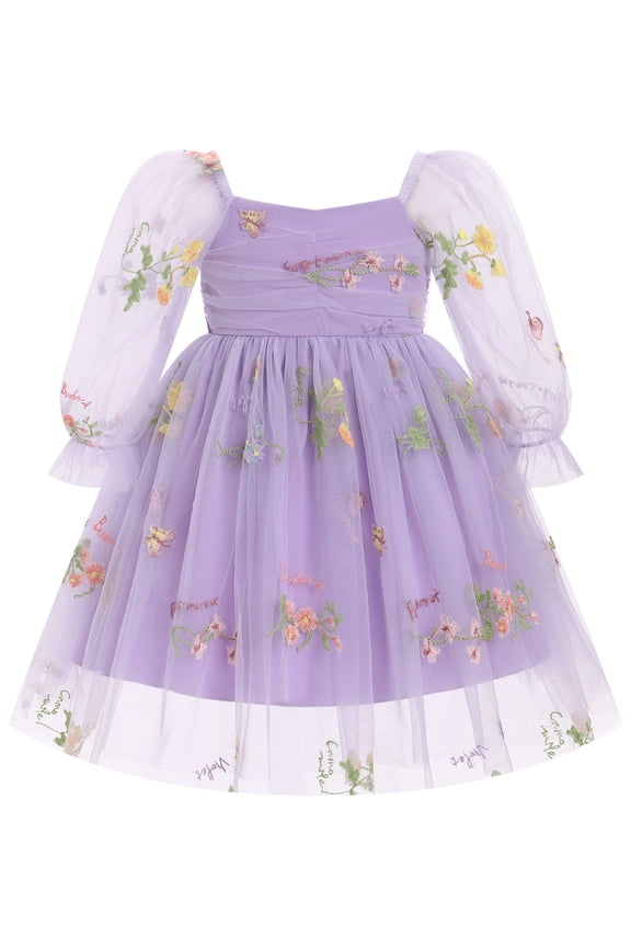 Toddler Girl Birthday Dress Floral Confetti Tulle Formal Wedding Party Long Sleeve Dresses for Cake Smash Photo Shoot 2-3 Years Purple Floral