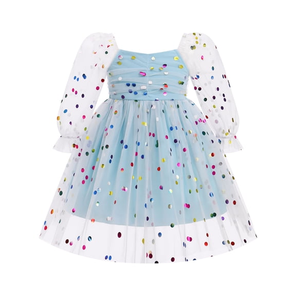 IBTOM CASTLE Toddler Girl Birthday Dress Floral Confetti Tulle Formal Wedding Party Long Sleeve Dresses for Cake Smash Photo Shoot 3-4 Years Blue Confetti