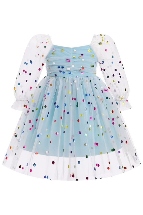 Toddler Girl Birthday Dress Floral Confetti Tulle Formal Wedding Party Long Sleeve Dresses for Cake Smash Photo Shoot 3-4 Years Blue Confetti