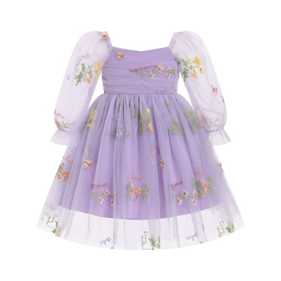 IBTOM CASTLE Toddler Girl Birthday Dress Floral Confetti Tulle Formal Wedding Party Long Sleeve Dresses for Cake Smash Photo Shoot 3-4 Years Purple Floral