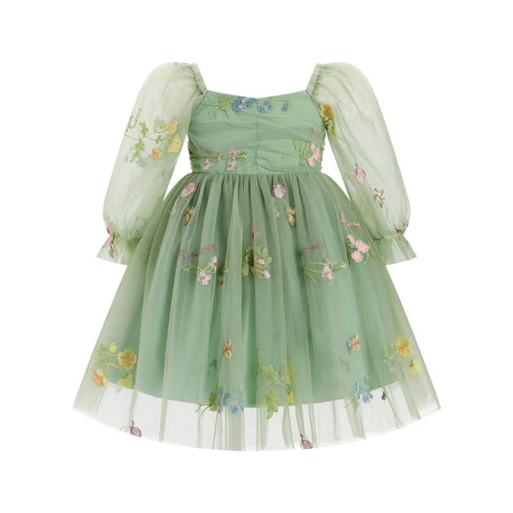 IBTOM CASTLE Toddler Girl Birthday Dress Floral Confetti Tulle Formal Wedding Party Long Sleeve Dresses for Cake Smash Photo Shoot 3-4 Years Sage Green Floral