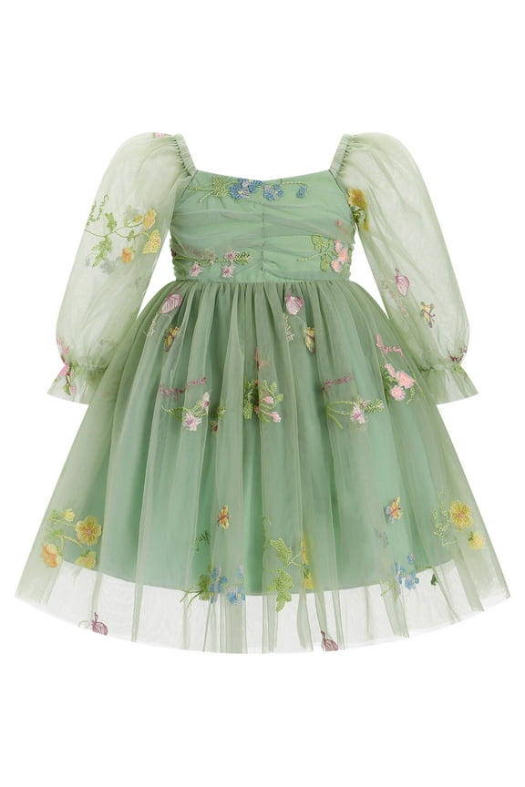 Toddler Girl Birthday Dress Floral Confetti Tulle Formal Wedding Party Long Sleeve Dresses for Cake Smash Photo Shoot 3-4 Years Sage Green Floral