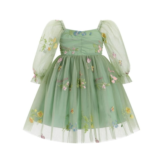 IBTOM CASTLE Toddler Girl Birthday Dress Floral Confetti Tulle Formal Wedding Party Long Sleeve Dresses for Cake Smash Photo Shoot 5-6 Years Sage Green Floral
