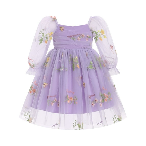 IBTOM CASTLE Toddler Girl Birthday Dress Floral Confetti Tulle Formal Wedding Party Long Sleeve Dresses for Cake Smash Photo Shoot 6-12 Months Purple Floral