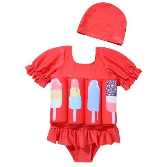 IBTOM CASTLE Toddler Girl Floatation Swimsuit with 8 Adjustable Buoyancy Baby Float Suit Floating Swimwear Bathing Suit with Cap 3-4 Years Red