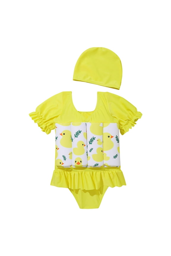 Toddler Girl Floatation Swimsuit with 8 Adjustable Buoyancy Baby Float Suit Floating Swimwear Bathing Suit with Cap 3-4 Years Yellow