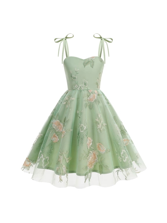 Toddler Girls 1950s Vintage Floral Embroidery Swing Dress | Retro Graduation Dress For Birthday Party Wedding Bridesmaid Communion Tulle Dresses, Sweetheart Mesh Green
