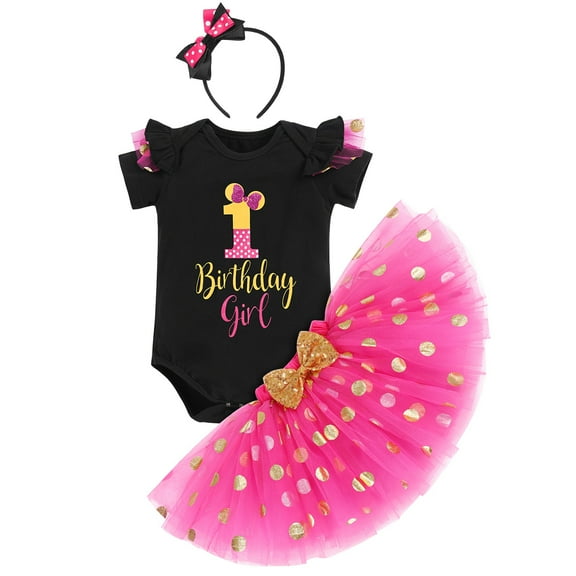 IBTOM CASTLE Toddler Girls 1st 2nd 3rd Birthday Outfit Princess Polka Dots Ruffle Tutu Skirt Mouse Headband Cake Smash Party Clothes Set 1 Year Black   Hot Pink