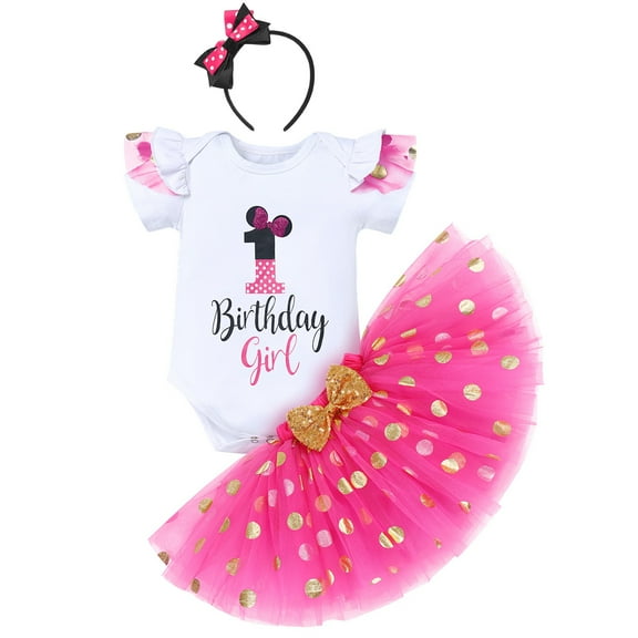 IBTOM CASTLE Toddler Girls 1st 2nd 3rd Birthday Outfit Princess Polka Dots Ruffle Tutu Skirt Mouse Headband Cake Smash Party Clothes Set 1 Year Hot Pink