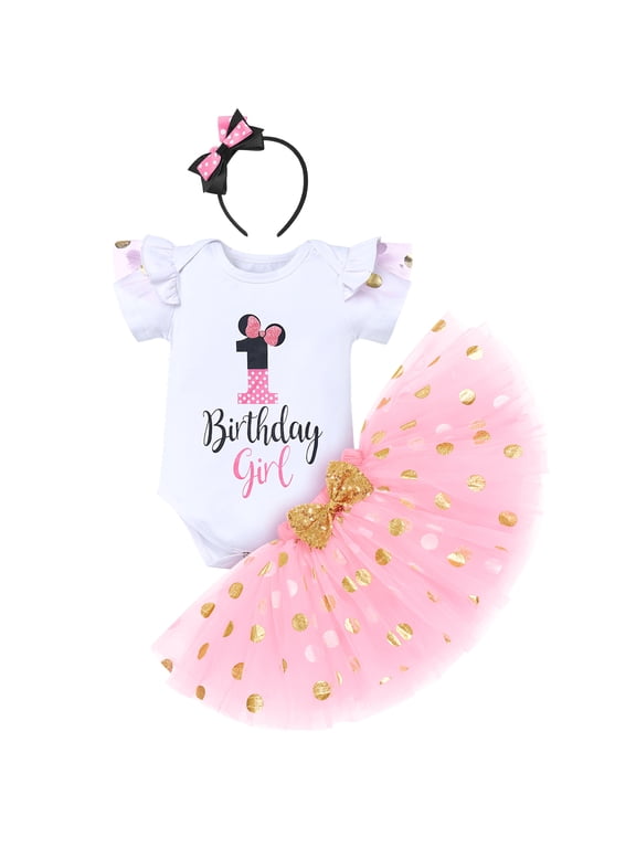 Toddler Girls 1st 2nd 3rd Birthday Outfit Princess Polka Dots Ruffle Tutu Skirt Mouse Headband Cake Smash Party Clothes Set 1 Year Pink