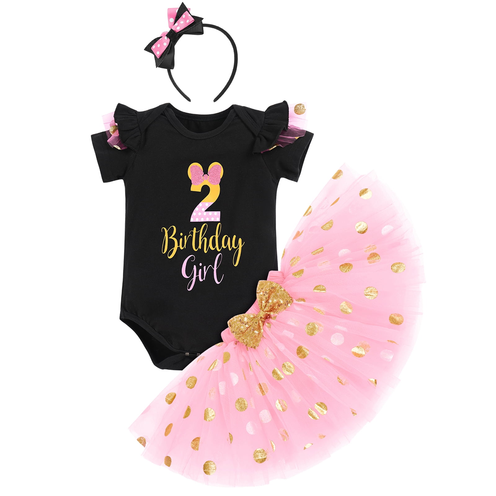 IBTOM CASTLE Toddler Girls 1st 2nd 3rd Birthday Outfit Princess Polka Dots Ruffle Tutu Skirt Mouse Headband Cake Smash Party Clothes Set 2 Years Black + Pink