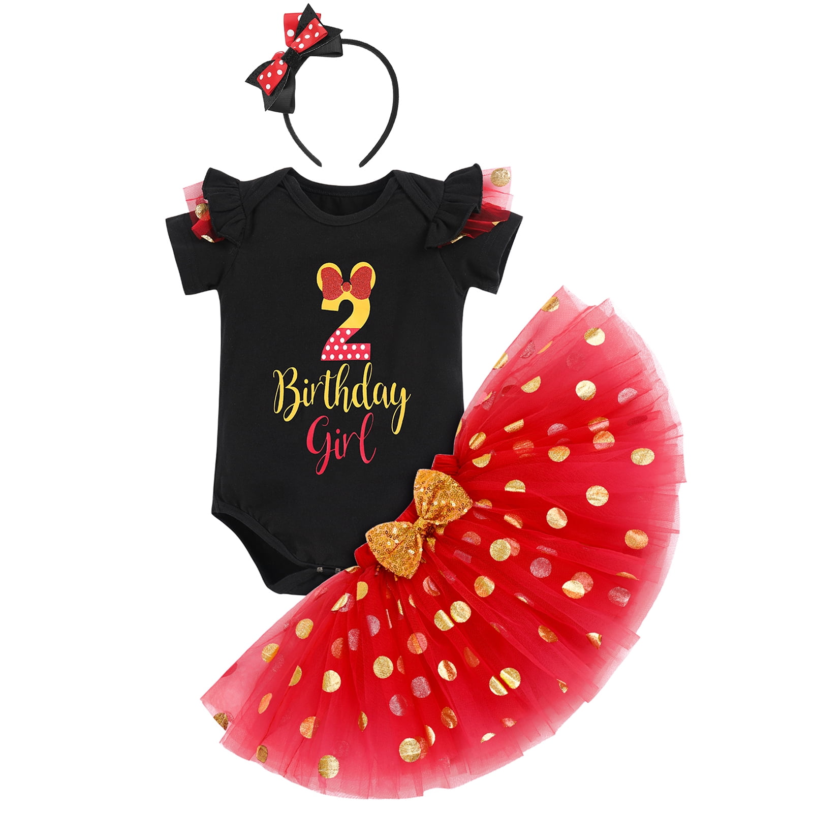 IBTOM CASTLE Toddler Girls 1st 2nd 3rd Birthday Outfit Princess Polka Dots Ruffle Tutu Skirt Mouse Headband Cake Smash Party Clothes Set 2 Years Black + Red