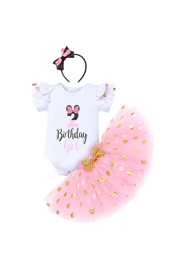 Toddler Girls 1st 2nd 3rd Birthday Outfit Princess Polka Dots Ruffle Tutu Skirt Mouse Headband Cake Smash Party Clothes Set 2 Years Pink