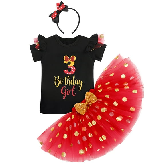 IBTOM CASTLE Toddler Girls 1st 2nd 3rd Birthday Outfit Princess Polka Dots Ruffle Tutu Skirt Mouse Headband Cake Smash Party Clothes Set 3 Years Black   Red