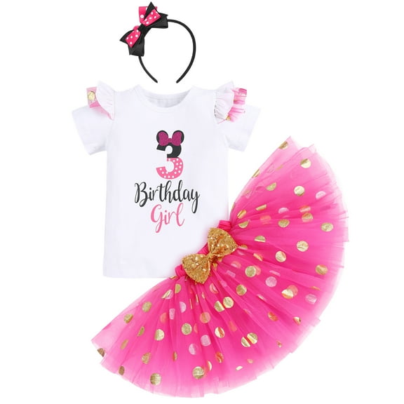 IBTOM CASTLE Toddler Girls 1st 2nd 3rd Birthday Outfit Princess Polka Dots Ruffle Tutu Skirt Mouse Headband Cake Smash Party Clothes Set 3 Years Hot Pink
