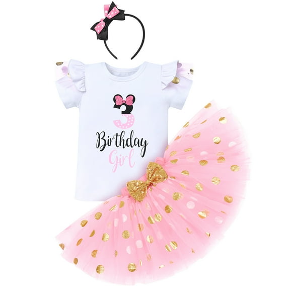 IBTOM CASTLE Toddler Girls 1st 2nd 3rd Birthday Outfit Princess Polka Dots Ruffle Tutu Skirt Mouse Headband Cake Smash Party Clothes Set 3 Years Pink